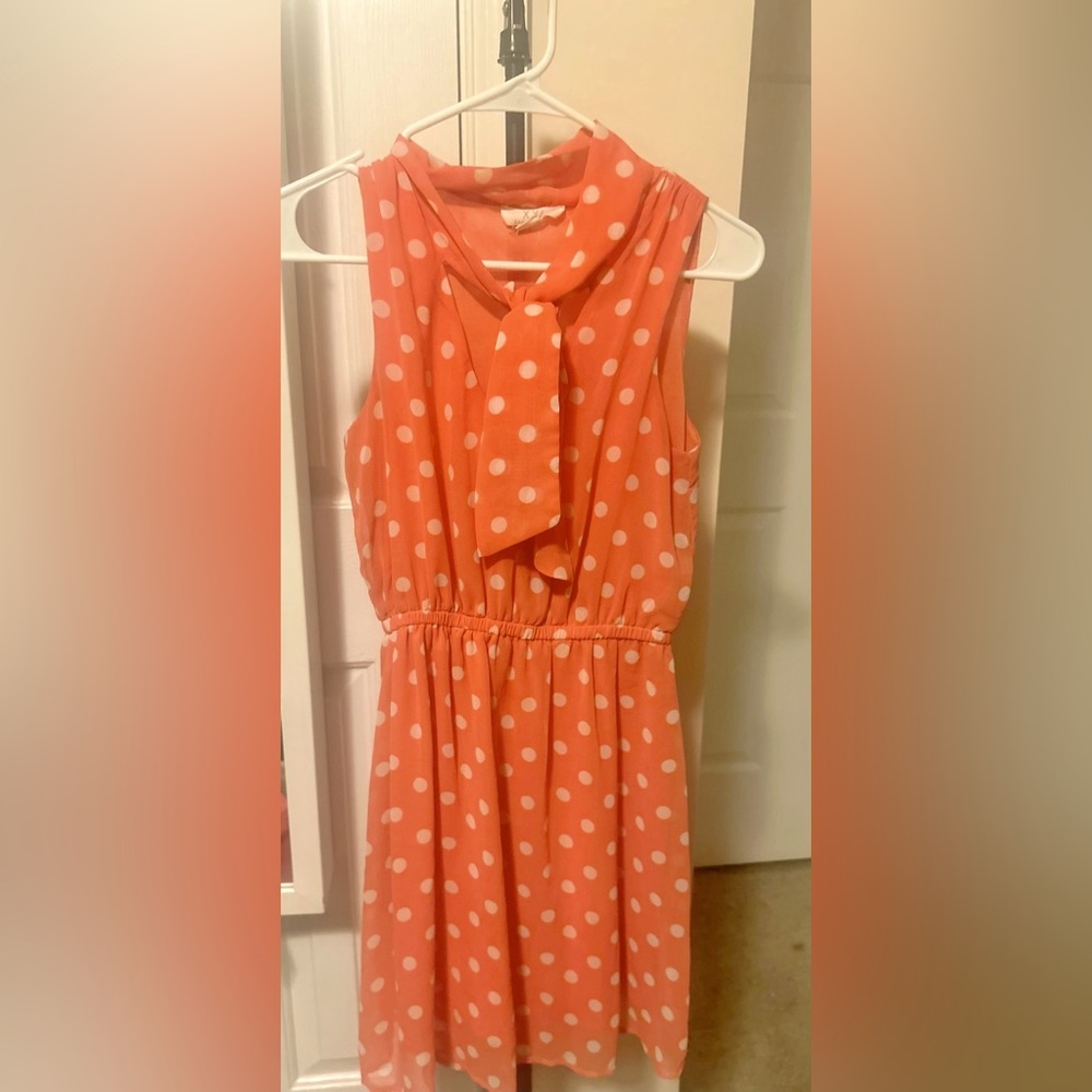 Coral polka dot print tie neck dress